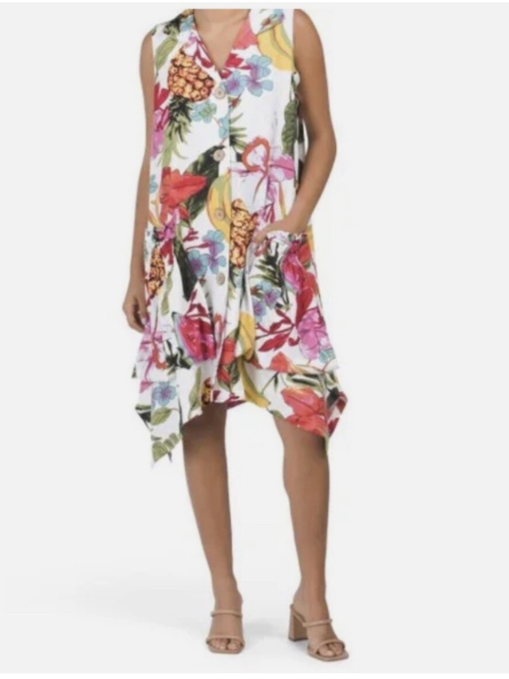ForCynthia Tropical Floral Linen Blend Dress with Shark Bite Hem and Big Pockets